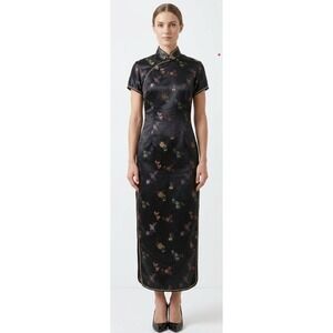 Vintage Golden Dragon Silk Cheongsam Qipao Dress - Black Floral Butterfly S